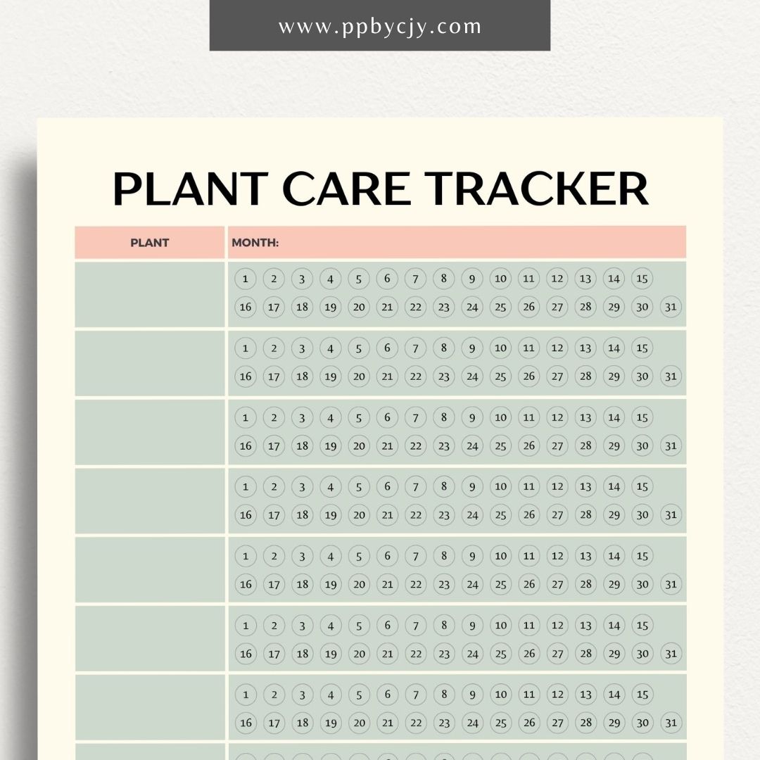 Plant Care Tracker Printable Template – Digital download for monitoring and maintaining the health of your plants