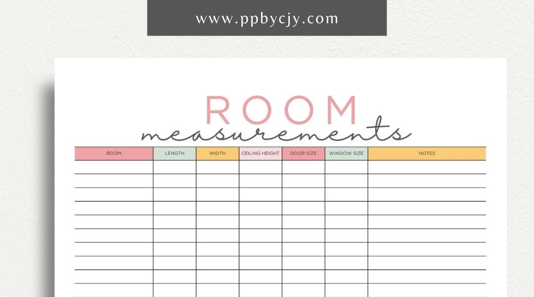 Room Measurements Printable Template – Digital download for recording and organizing dimensions and layout details of individual rooms