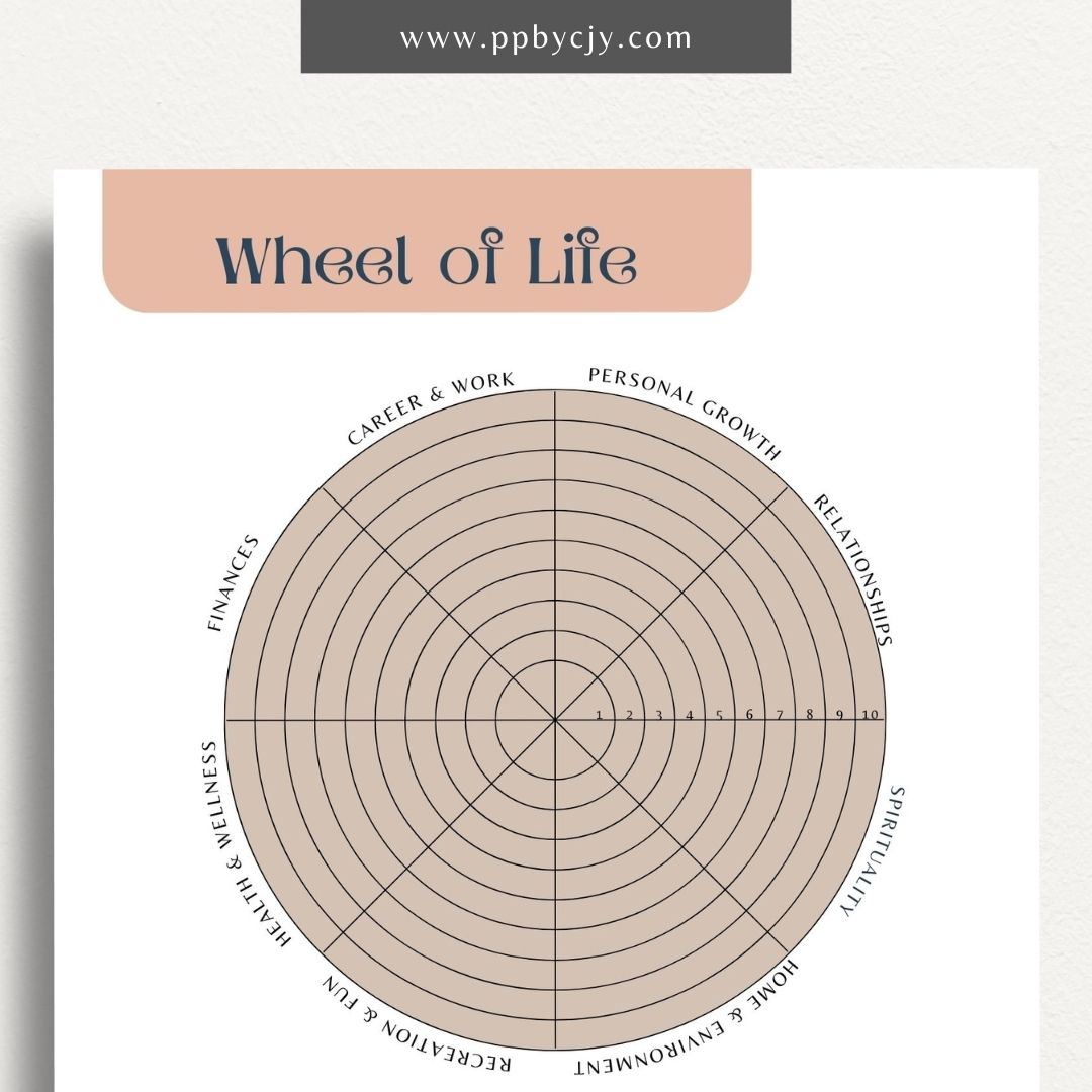 Wheel of Life Printable Template – Digital download for evaluating and visualizing different areas of life, such as career, relationships, health, and personal growth, to assess balance and set goals