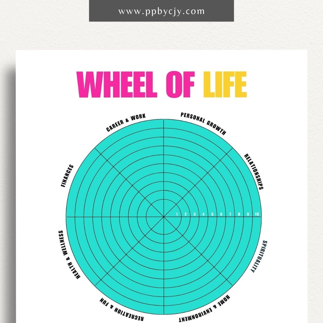 Wheel of Life Printable Template – Digital download for evaluating and visualizing different areas of life, such as career, relationships, health, and personal growth, to assess balance and set goals
