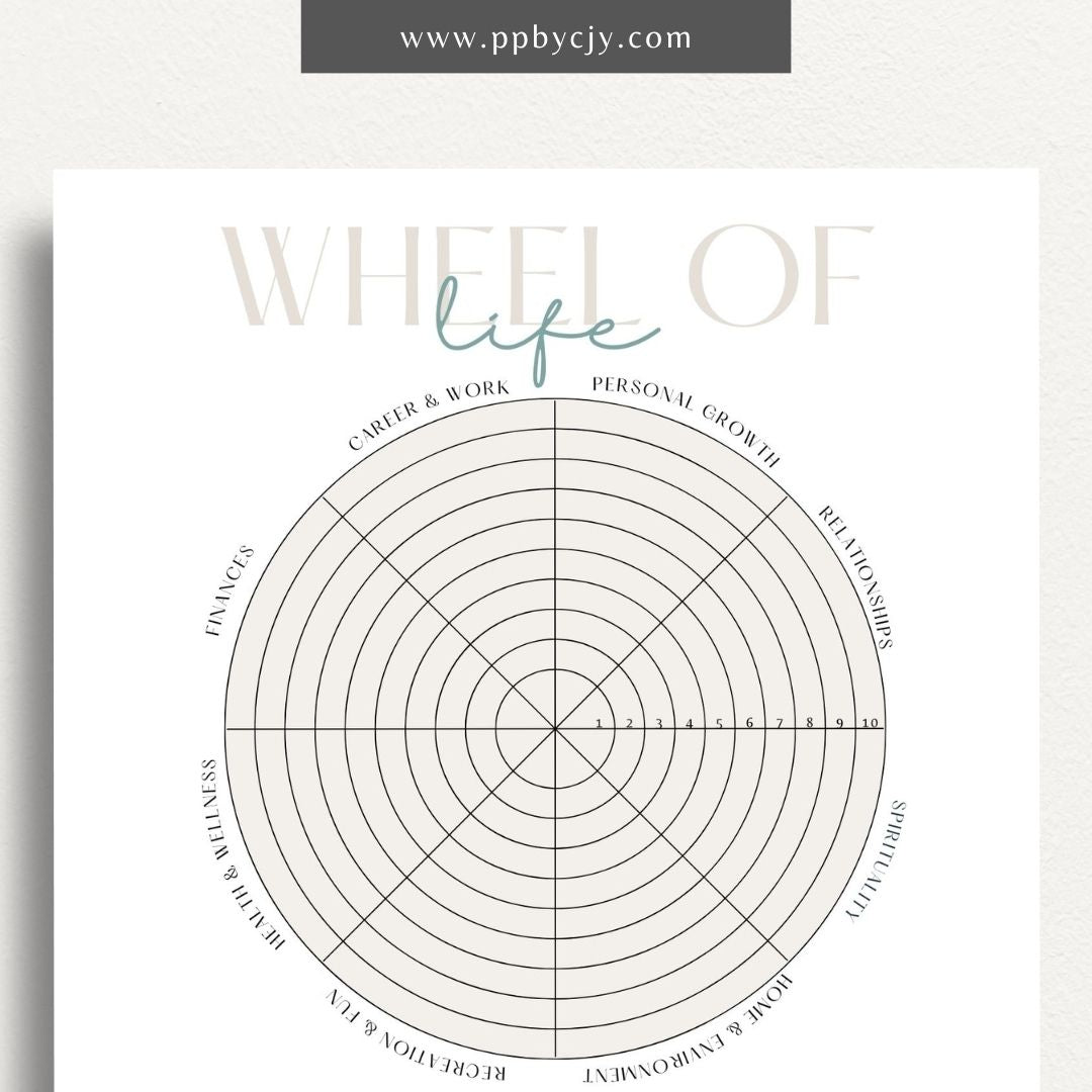 Wheel of Life Printable Template – Digital download for evaluating and visualizing different areas of life, such as career, relationships, health, and personal growth, to assess balance and set goals