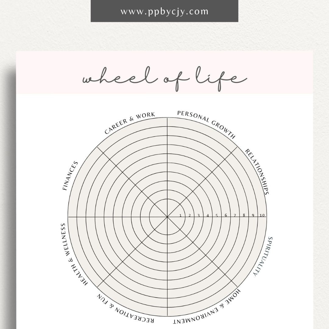 Wheel of Life Printable Template – Digital download for evaluating and visualizing different areas of life, such as career, relationships, health, and personal growth, to assess balance and set goals