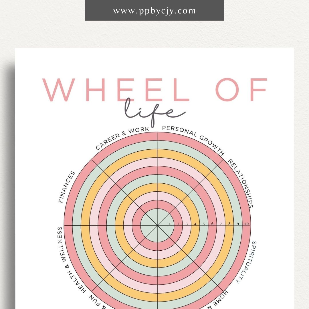 Wheel of Life Printable Template – Digital download for evaluating and visualizing different areas of life, such as career, relationships, health, and personal growth, to assess balance and set goals