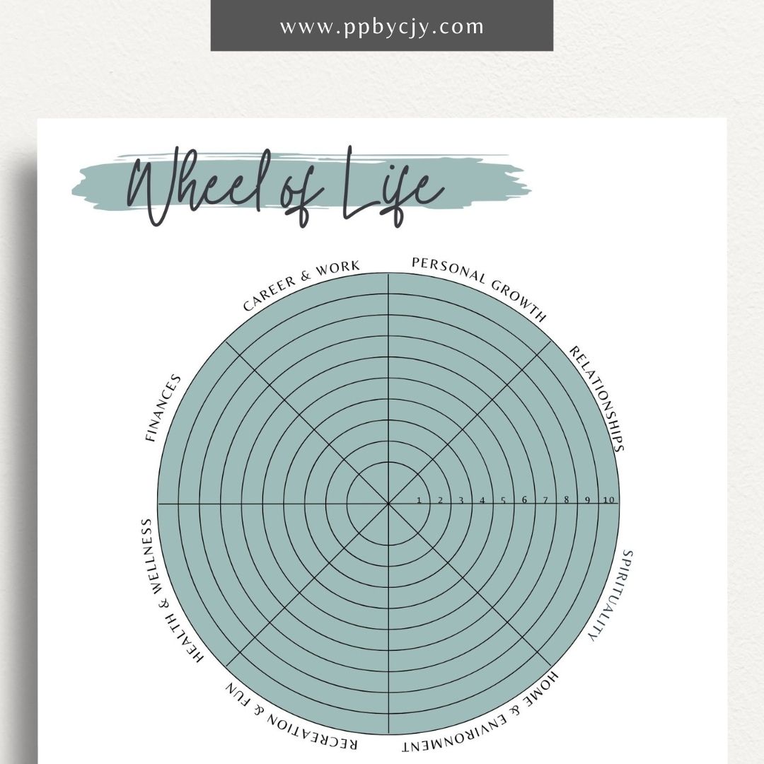 Wheel of Life Printable Template – Digital download for evaluating and visualizing different areas of life, such as career, relationships, health, and personal growth, to assess balance and set goals