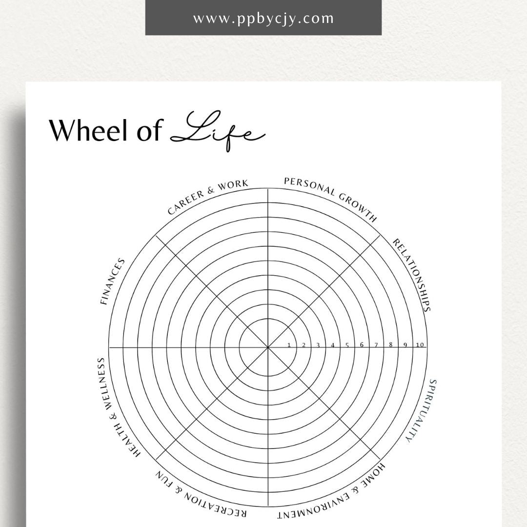 Wheel of Life Printable Template – Digital download for evaluating and visualizing different areas of life, such as career, relationships, health, and personal growth, to assess balance and set goals