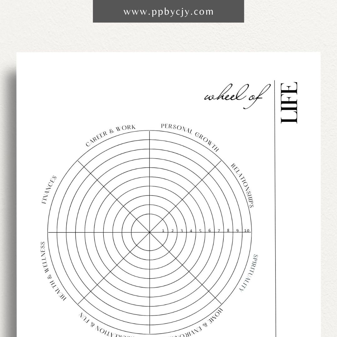 Wheel of Life Printable Template – Digital download for evaluating and visualizing different areas of life, such as career, relationships, health, and personal growth, to assess balance and set goals