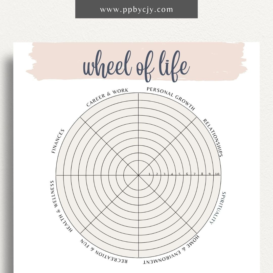 Wheel of Life Printable Template – Digital download for evaluating and visualizing different areas of life, such as career, relationships, health, and personal growth, to assess balance and set goals