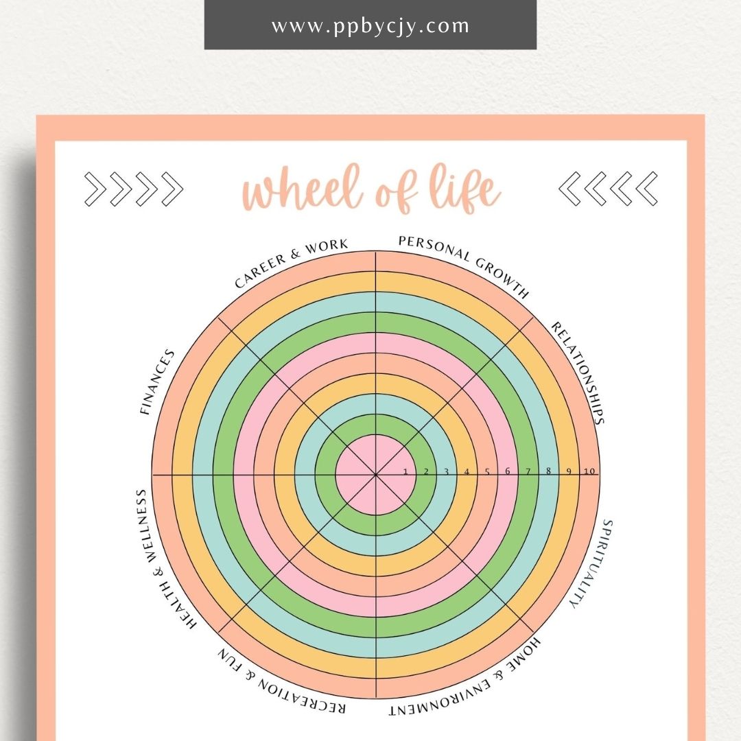 Wheel of Life Printable Template – Digital download for evaluating and visualizing different areas of life, such as career, relationships, health, and personal growth, to assess balance and set goals