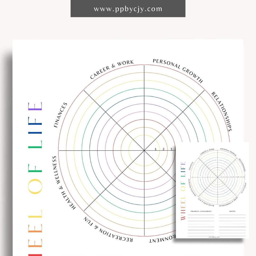 Wheel of Life Printable Template – Digital download for evaluating and visualizing different areas of life, such as career, relationships, health, and personal growth, to assess balance and set goals