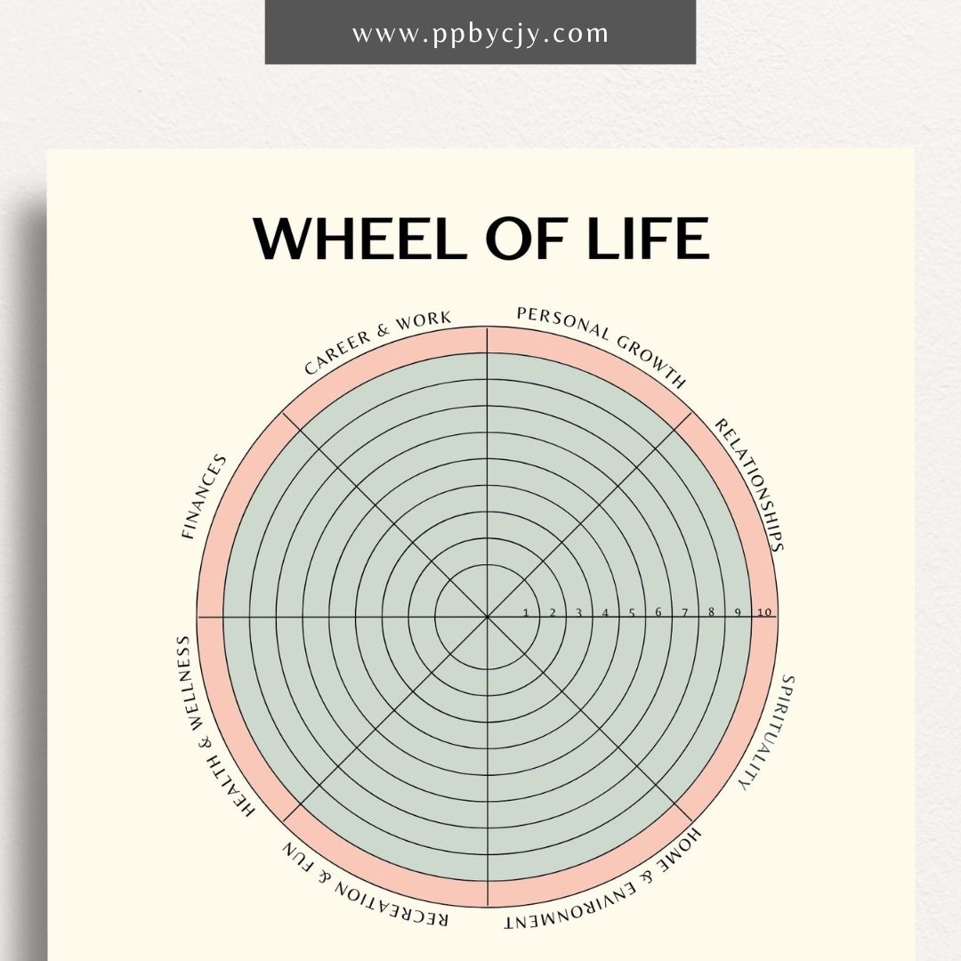 Wheel of Life Printable Template – Digital download for evaluating and visualizing different areas of life, such as career, relationships, health, and personal growth, to assess balance and set goals