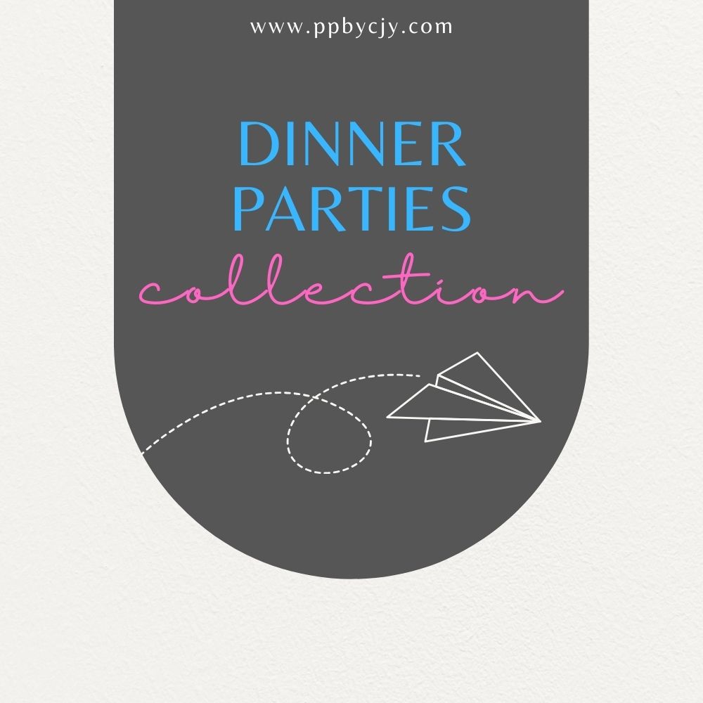 Customizable printable dinner party templates including invitations, planners, stickers, and labels.