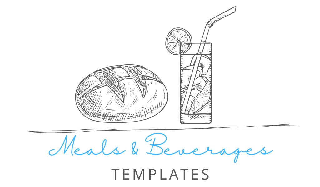 Customizable printable meals and beverages templates including meal planners, recipe trackers, menus, and grocery lists.