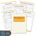 Collection of restaurant management planner sheets with various sections on a white background.