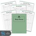 Set of budget planning sheets with a green cover on a white background