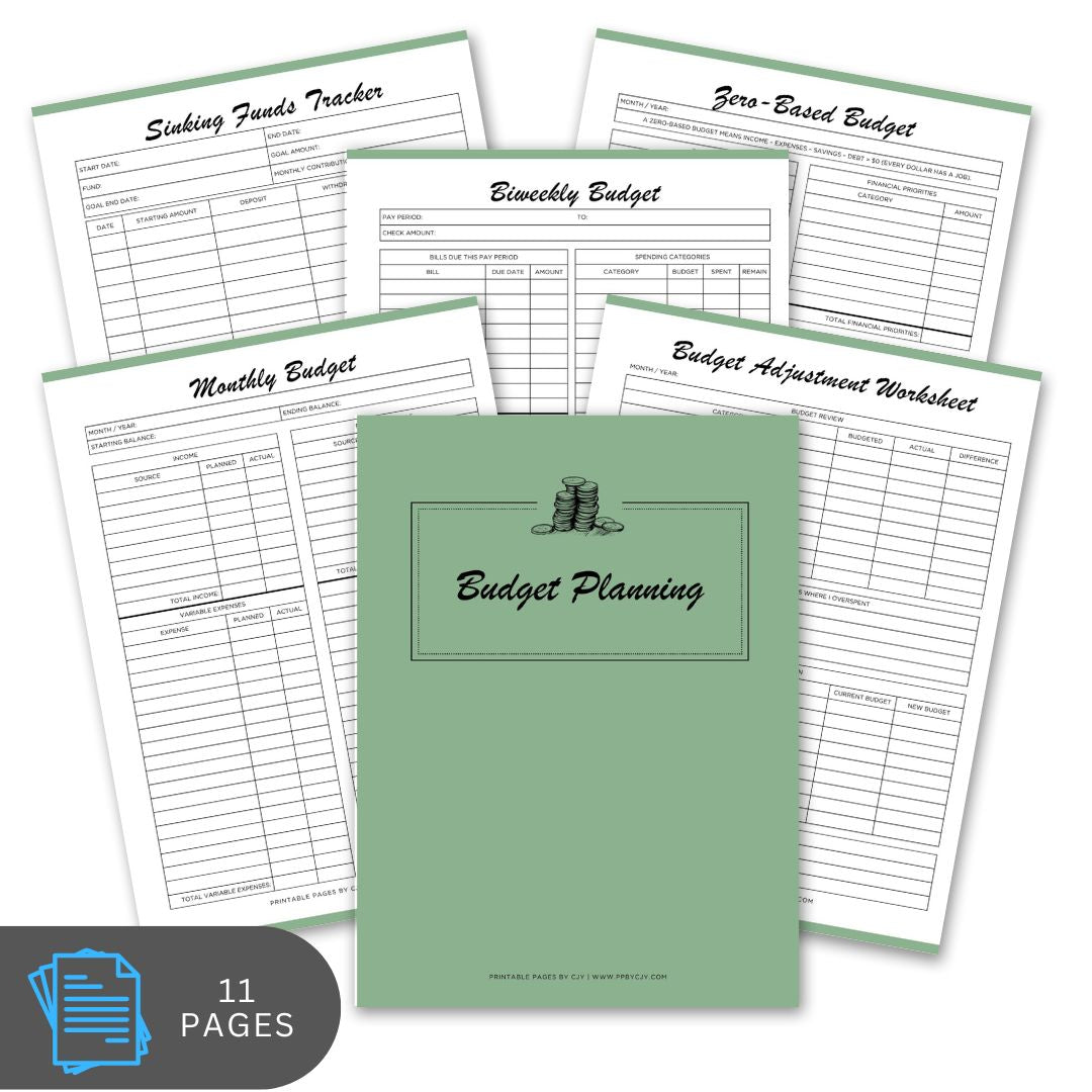 Set of budget planning sheets with a green cover on a white background
