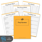 Collection of restaurant daily operation checklists with an orange cover on a white background.