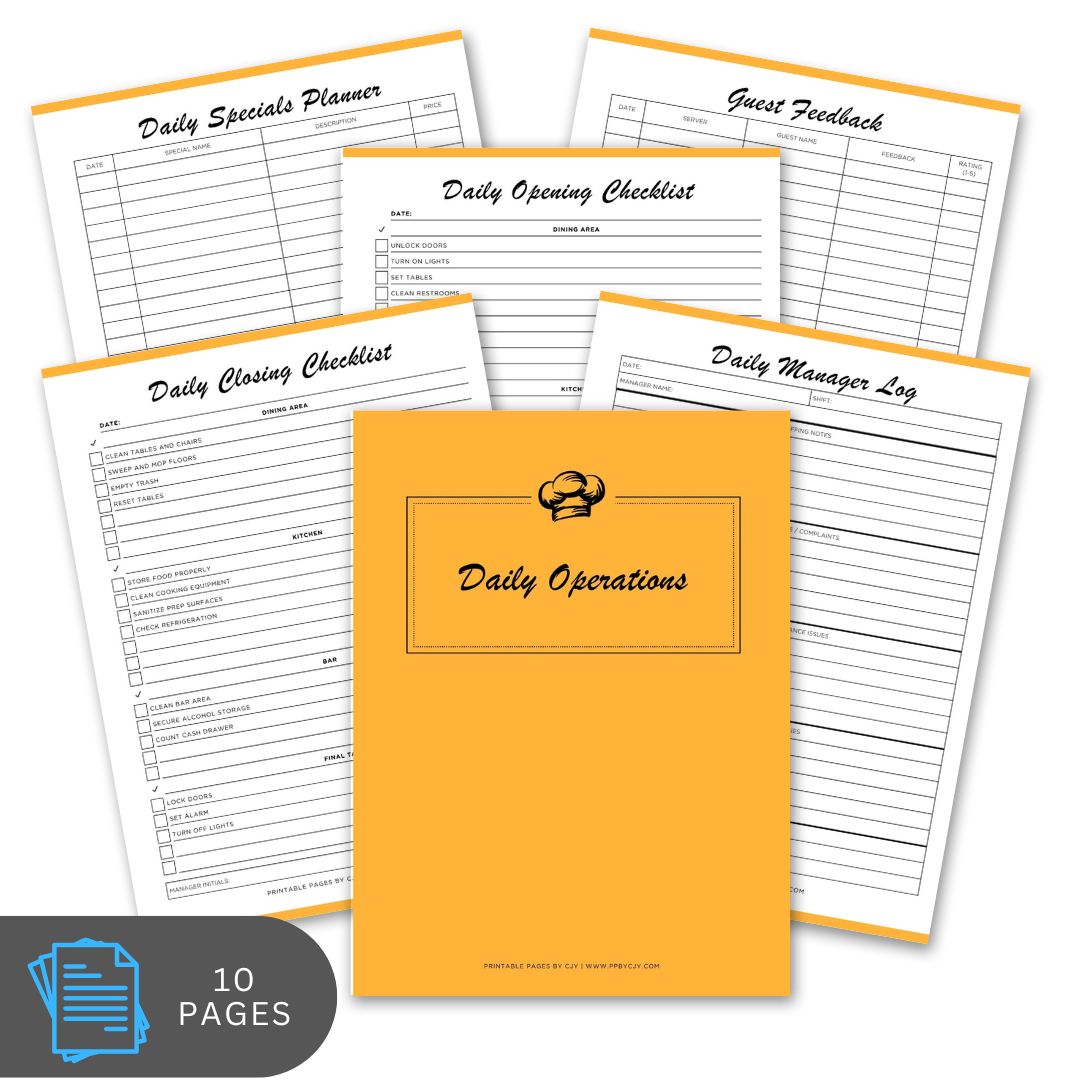 Collection of restaurant daily operation checklists with an orange cover on a white background.