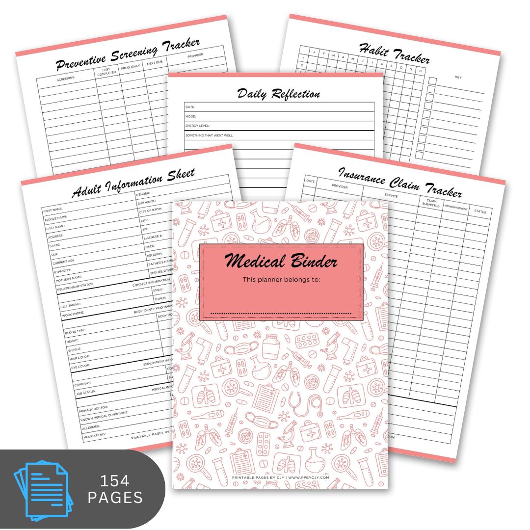 Medical binder with various sheets including a cover page on a white background
