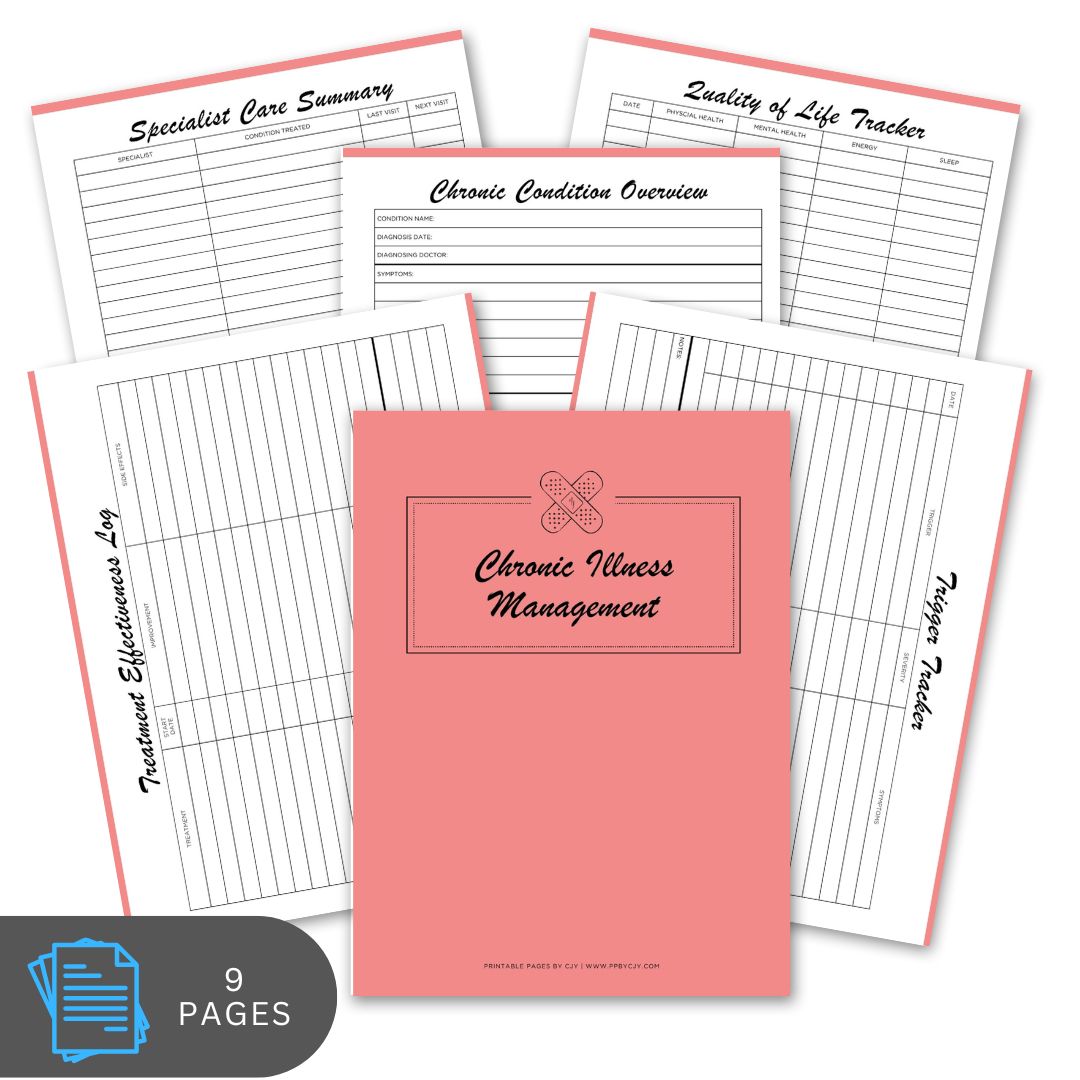 Pink notebook cover with chronic illness management pages on a white background