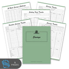Collection of savings tracker sheets with a green cover on a white background