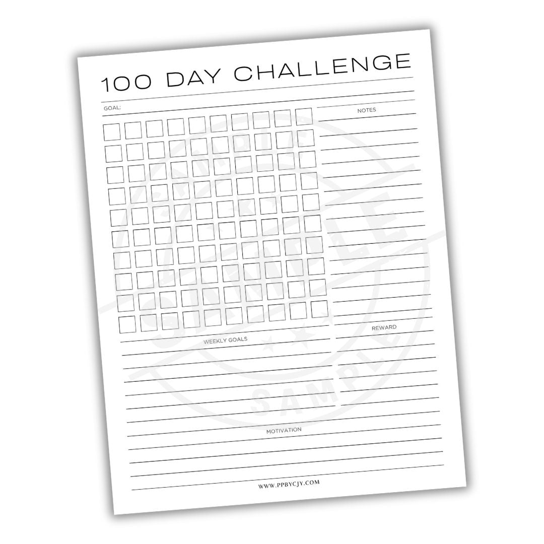 100 Day Challenge tracker sheet with checkboxes and text on a white background