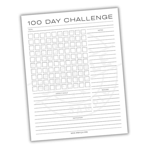 100 Day Challenge tracker sheet with checkboxes and text on a white background