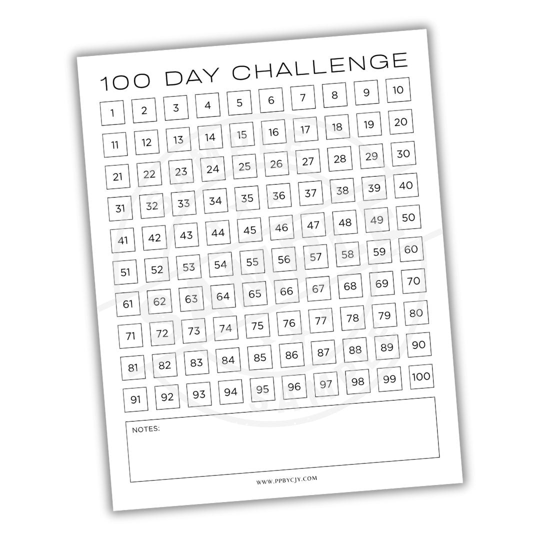 100 Day Challenge tracker with numbers from 1 to 100 on a white background