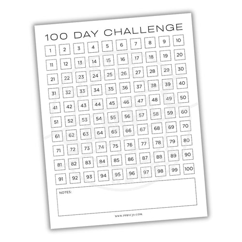 100 Day Challenge tracker with numbers from 1 to 100 on a white background