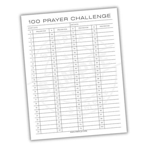 100 Prayer Challenge tracker sheet on a white background