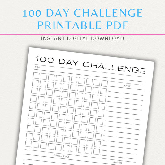 100-Day Challenge Printable PDF Template with sections for daily tracking, reflections, and milestones.