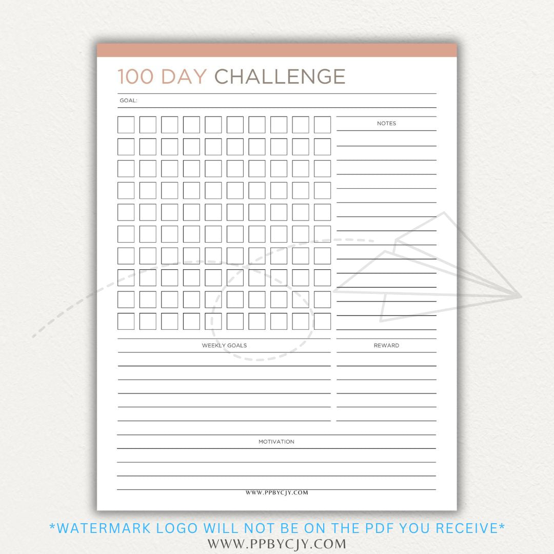 100-Day Challenge Printable PDF Template with sections for daily tracking, reflections, and milestones.