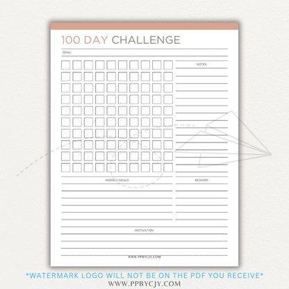 100-Day Challenge Printable PDF Template with sections for daily tracking, reflections, and milestones.