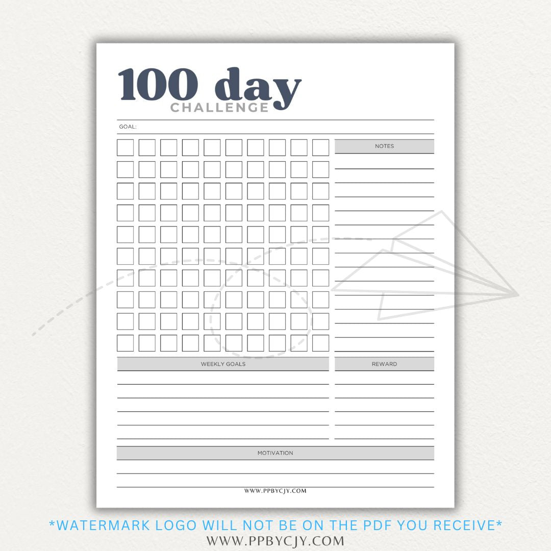 100-Day Challenge Printable PDF Template with sections for daily tracking, reflections, and milestones.