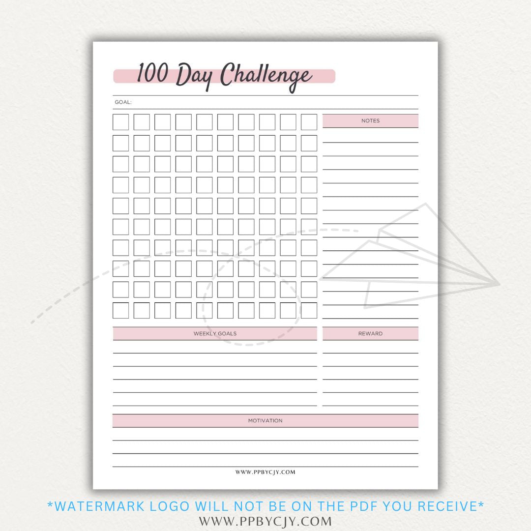 100-Day Challenge Printable PDF Template with sections for daily tracking, reflections, and milestones.