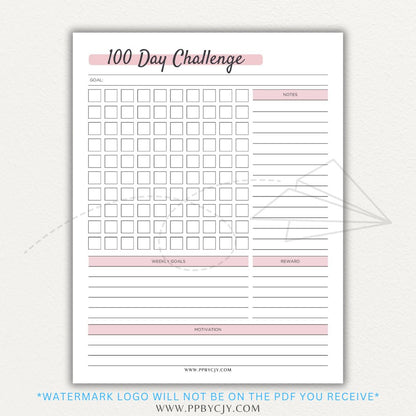 100-Day Challenge Printable PDF Template with sections for daily tracking, reflections, and milestones.