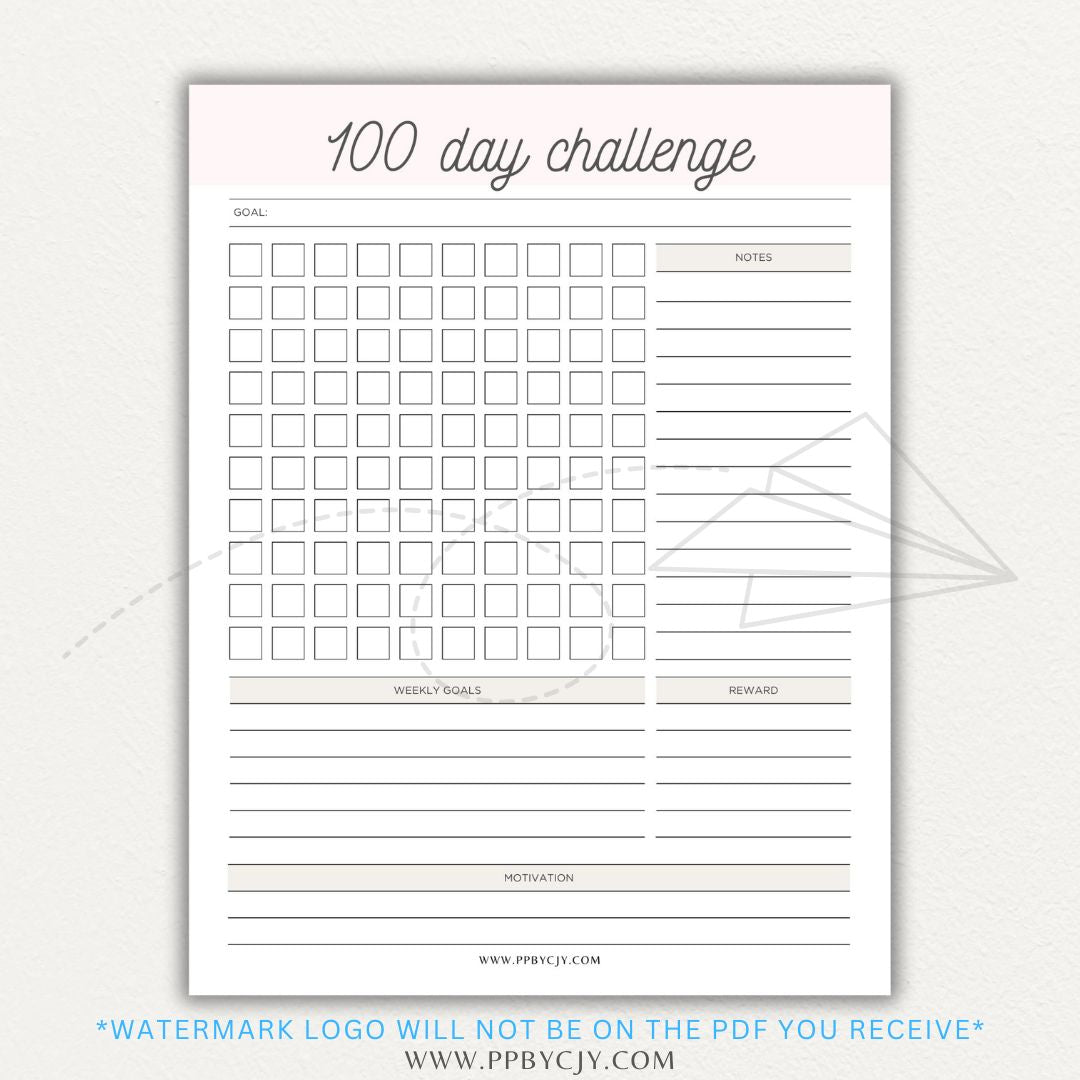 100-Day Challenge Printable PDF Template with sections for daily tracking, reflections, and milestones.