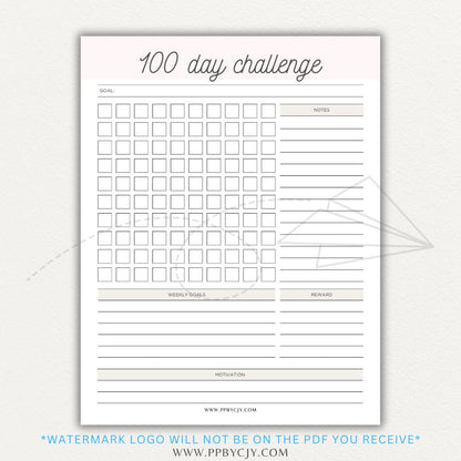 100-Day Challenge Printable PDF Template with sections for daily tracking, reflections, and milestones.