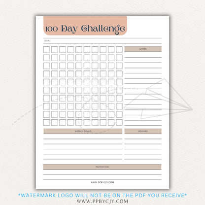 100-Day Challenge Printable PDF Template with sections for daily tracking, reflections, and milestones.