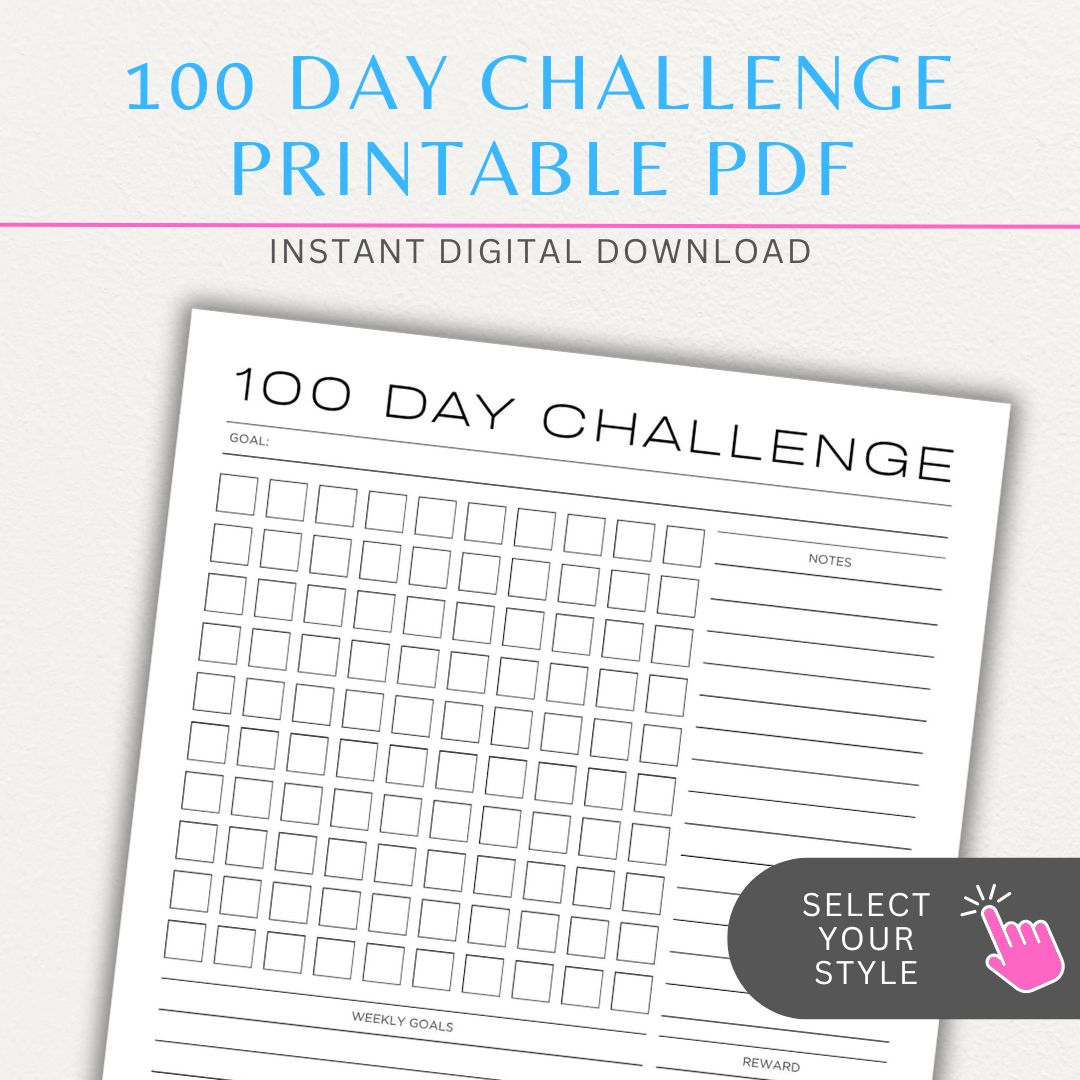 100-Day Challenge Printable PDF Template with sections for daily tracking, reflections, and milestones.