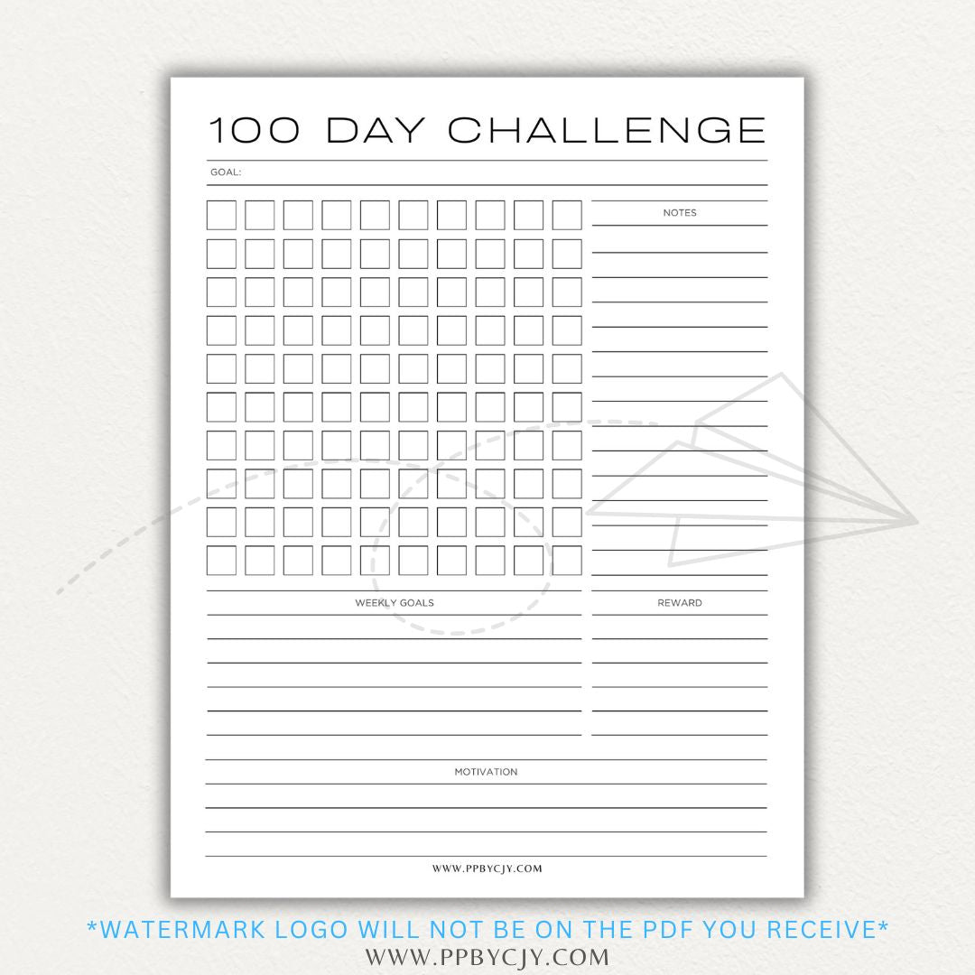 100-Day Challenge Printable PDF Template with sections for daily tracking, reflections, and milestones.