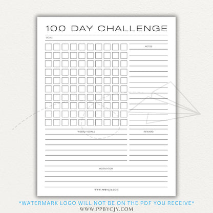 100-Day Challenge Printable PDF Template with sections for daily tracking, reflections, and milestones.