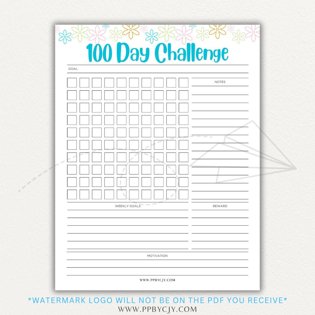 100-Day Challenge Printable PDF Template with sections for daily tracking, reflections, and milestones.