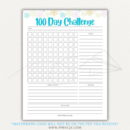 100-Day Challenge Printable PDF Template with sections for daily tracking, reflections, and milestones.