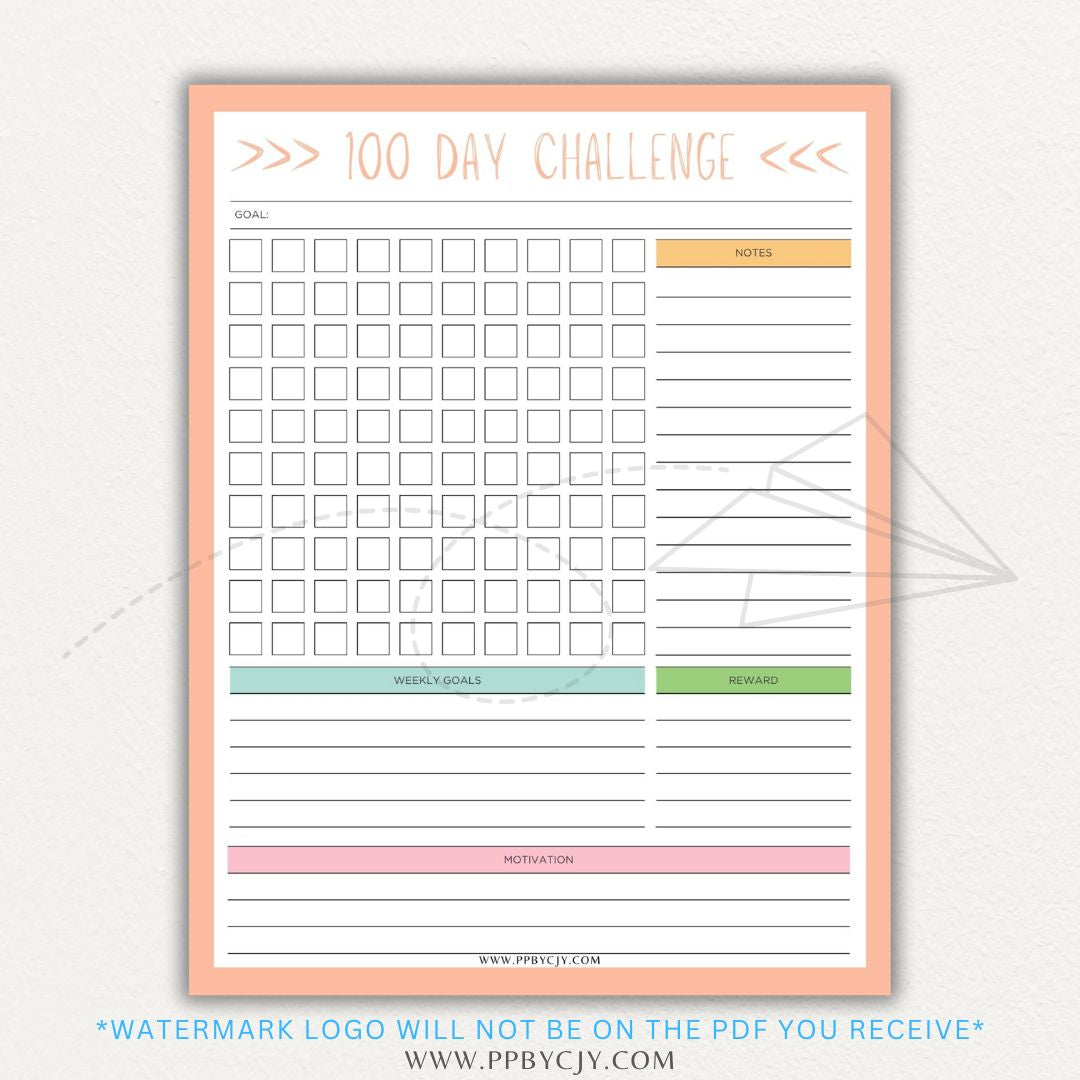 100-Day Challenge Printable PDF Template with sections for daily tracking, reflections, and milestones.