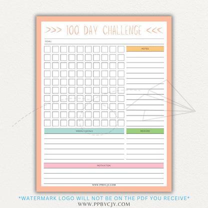 100-Day Challenge Printable PDF Template with sections for daily tracking, reflections, and milestones.