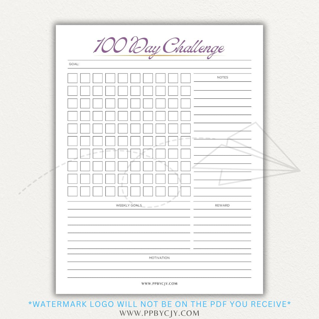 100-Day Challenge Printable PDF Template with sections for daily tracking, reflections, and milestones.