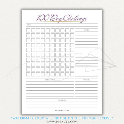 100-Day Challenge Printable PDF Template with sections for daily tracking, reflections, and milestones.