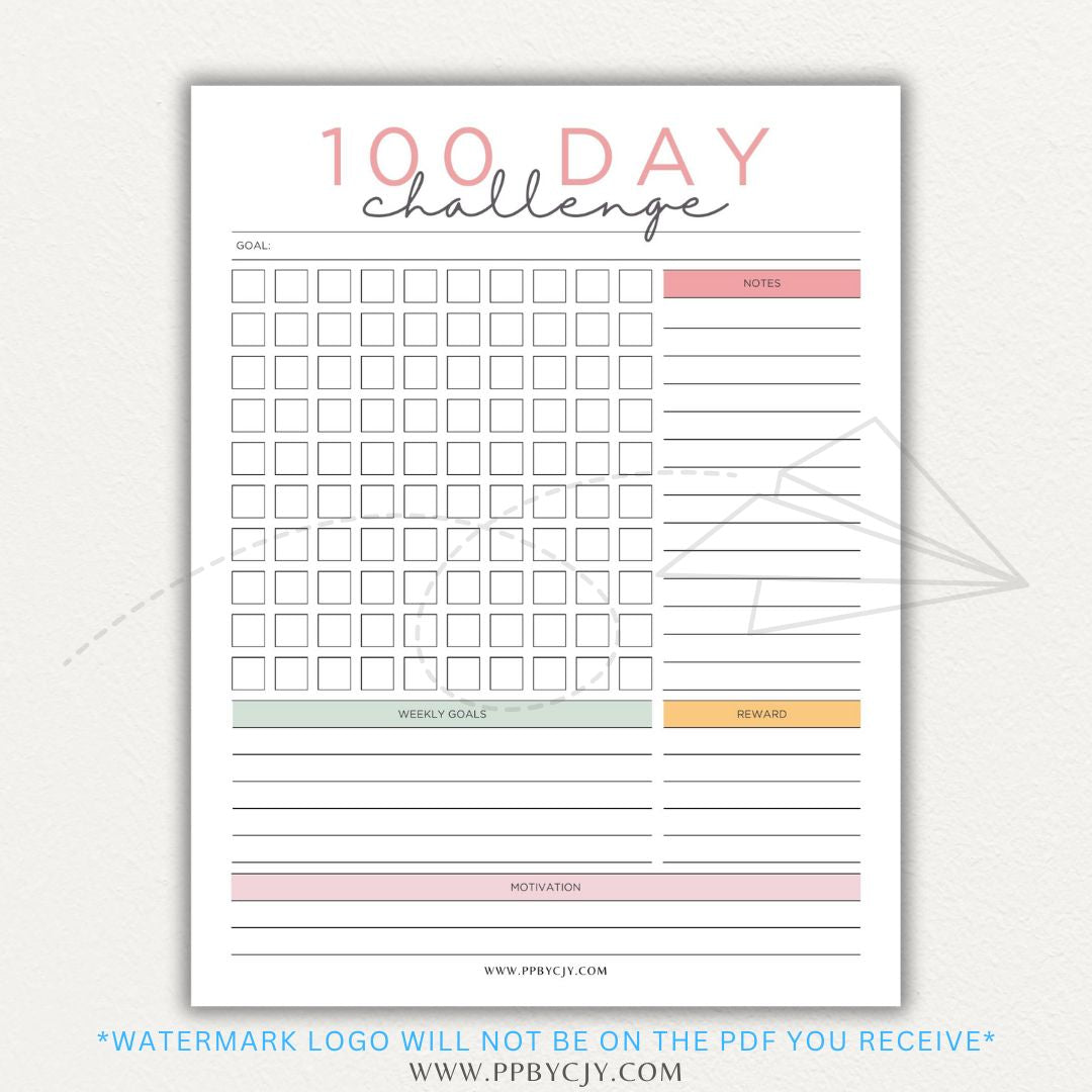 100-Day Challenge Printable PDF Template with sections for daily tracking, reflections, and milestones.