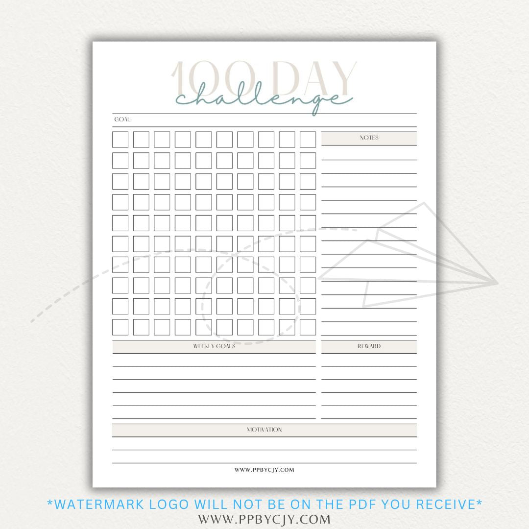 100-Day Challenge Printable PDF Template with sections for daily tracking, reflections, and milestones.