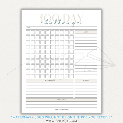 100-Day Challenge Printable PDF Template with sections for daily tracking, reflections, and milestones.